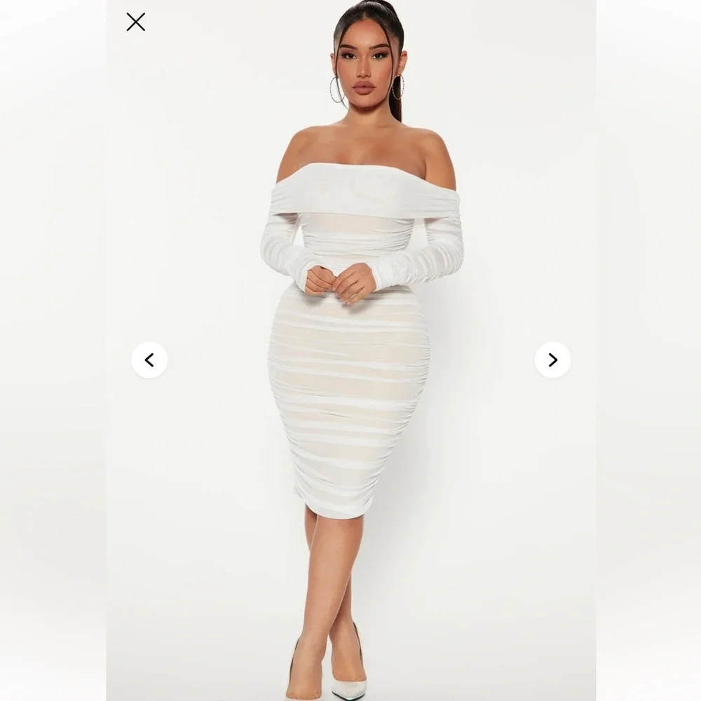 white formal dress fashion nova | Dresses | Bnwot Fashionnova Ready In A Ruched Off Shoulder Midi fashion nova white dress long sleeve